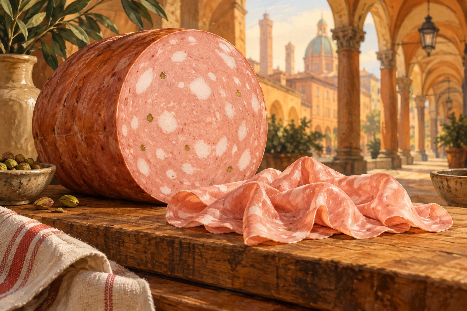 Illustrazione editoriale di mortadella affettata su un banco bolognese