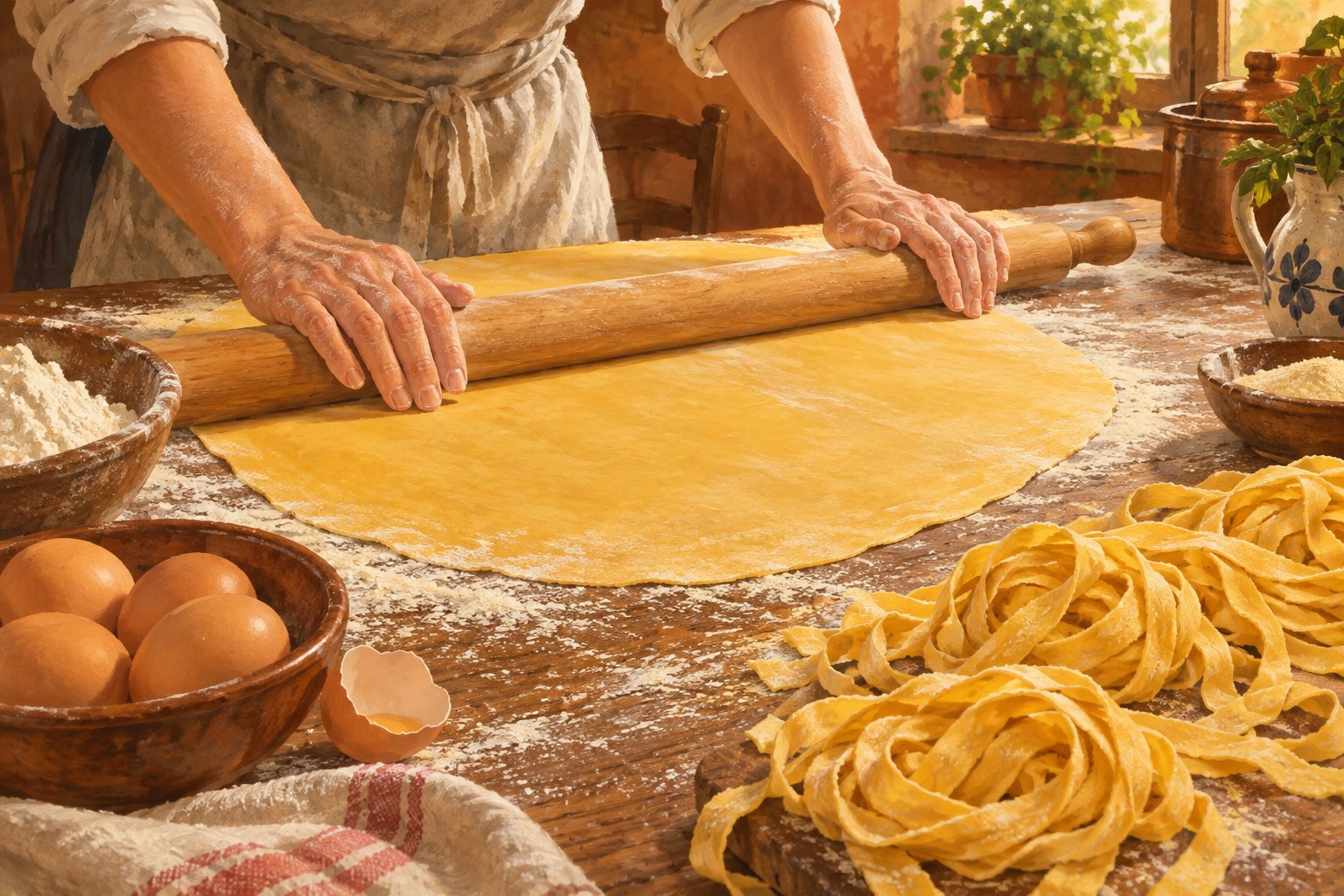 Editorial illustration of egg pasta rolled thin on a wooden board