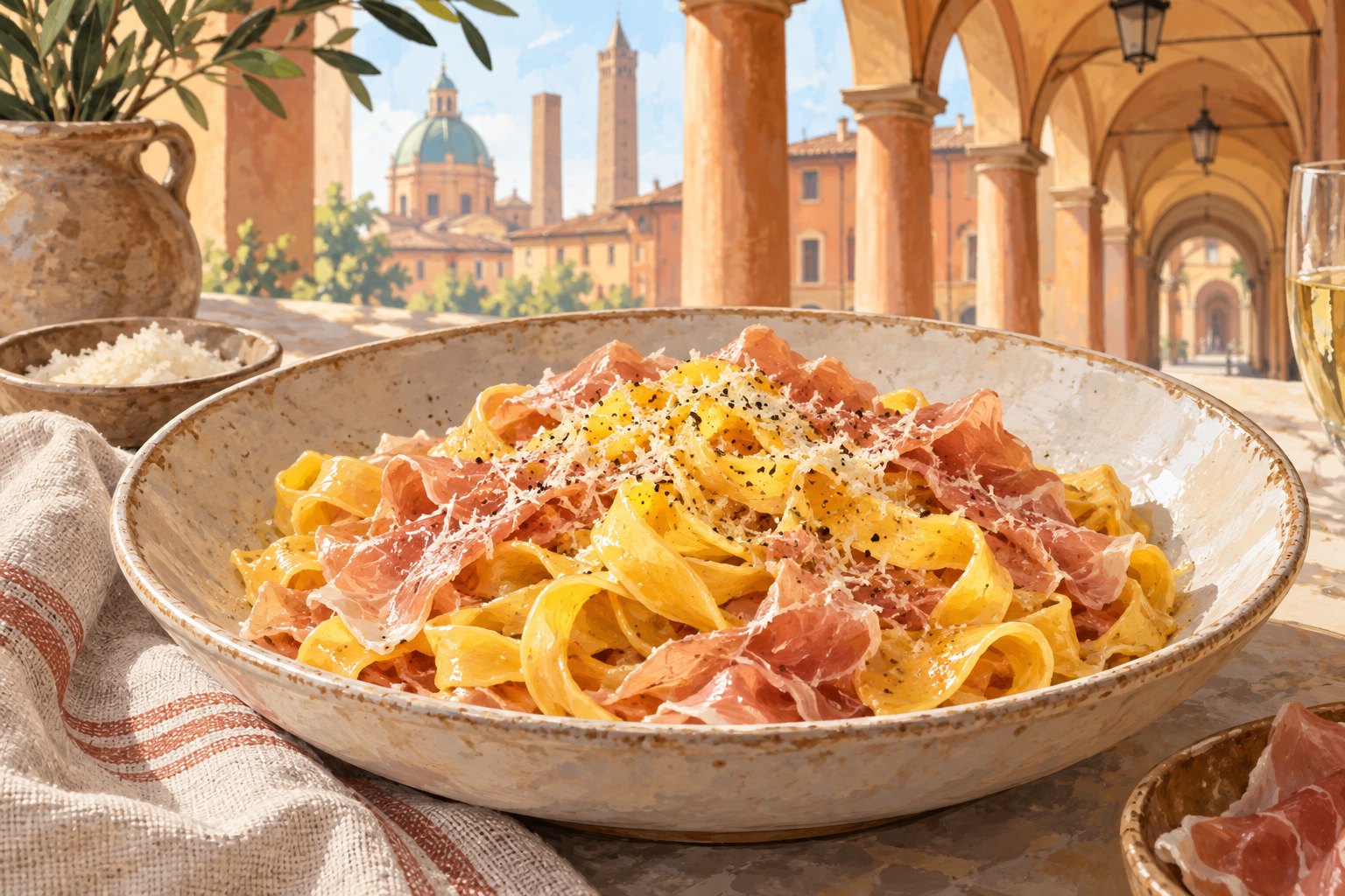 Illustrazione editoriale di tagliatelle all’uovo con prosciutto