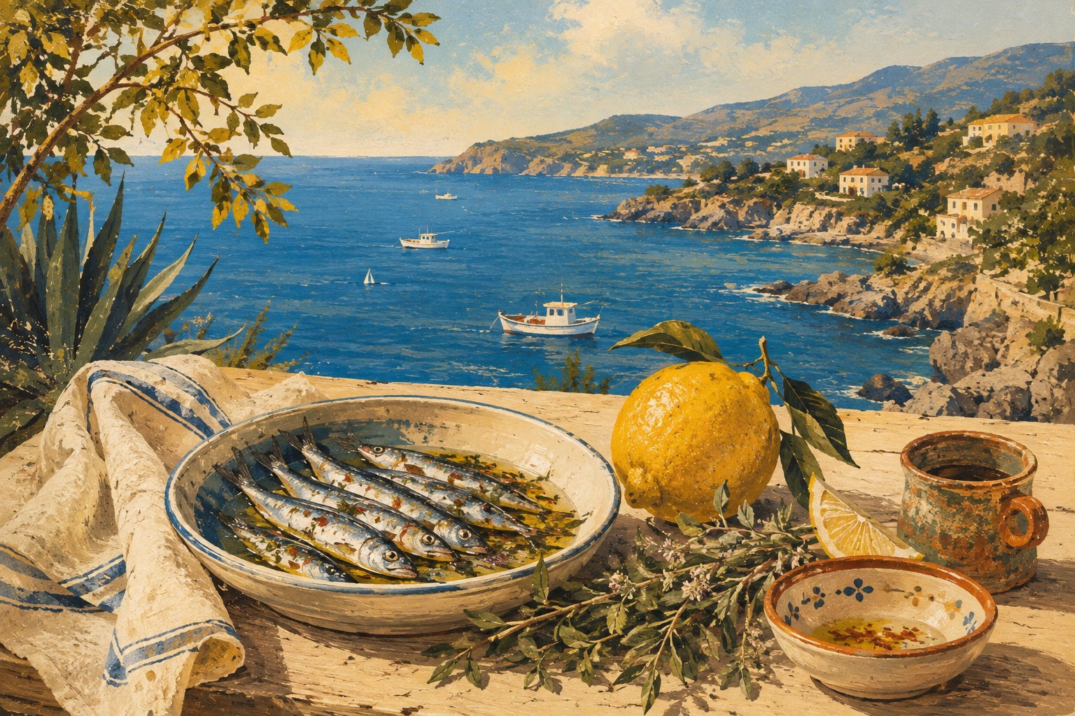 Editorial illustration of the Cilento coast with anchovies, lemon, herbs and the sea
