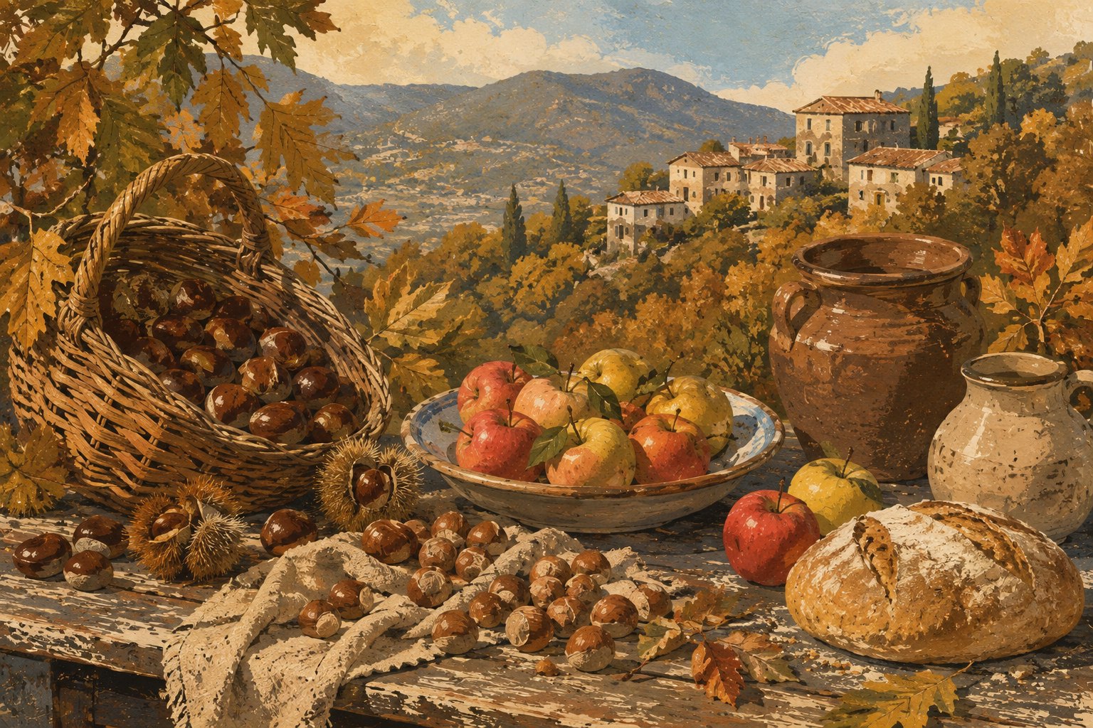 Editorial illustration of an Irpinian autumn pantry with apples, chestnuts, hazelnuts and bread