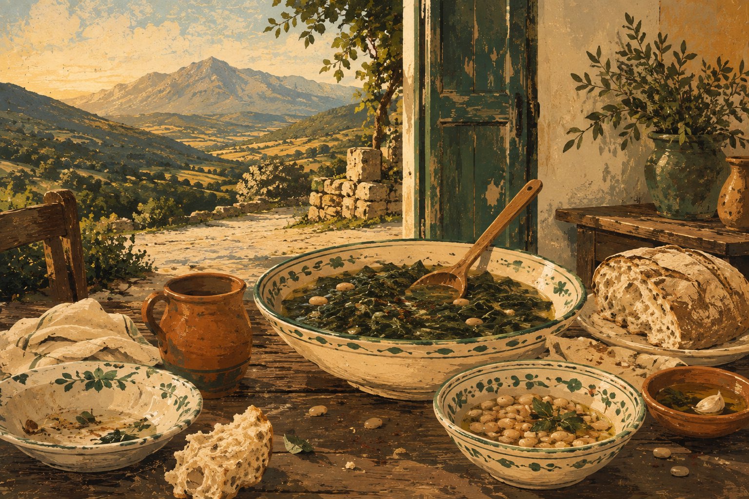 Editorial illustration of a Matese table with a leafy vegetable soup, pulses and bread