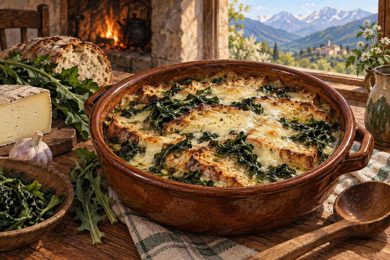 Editorial illustration of ajucche soup with bread and cheese