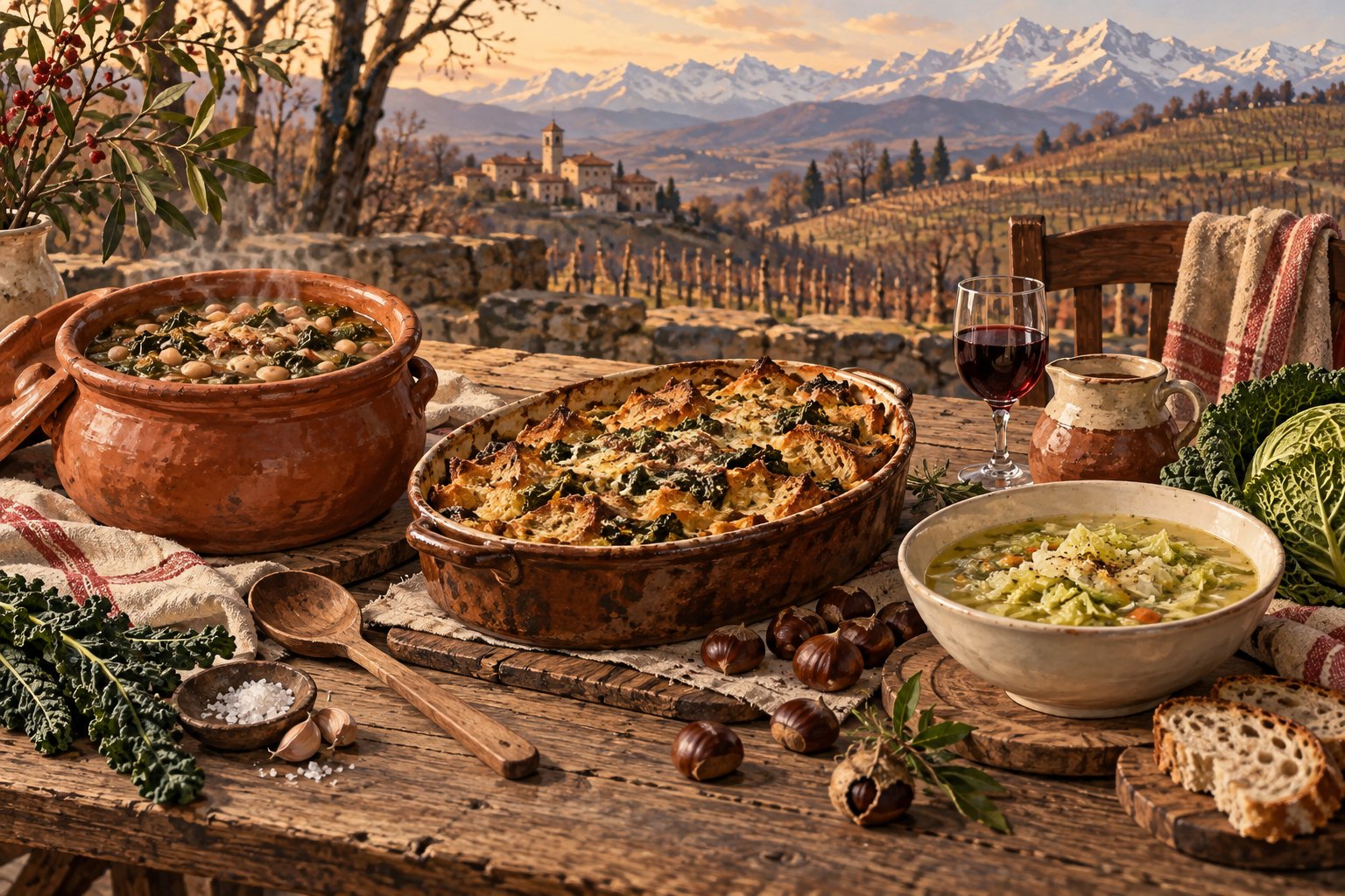 Editorial illustration of three Canavese soups gathered on one table