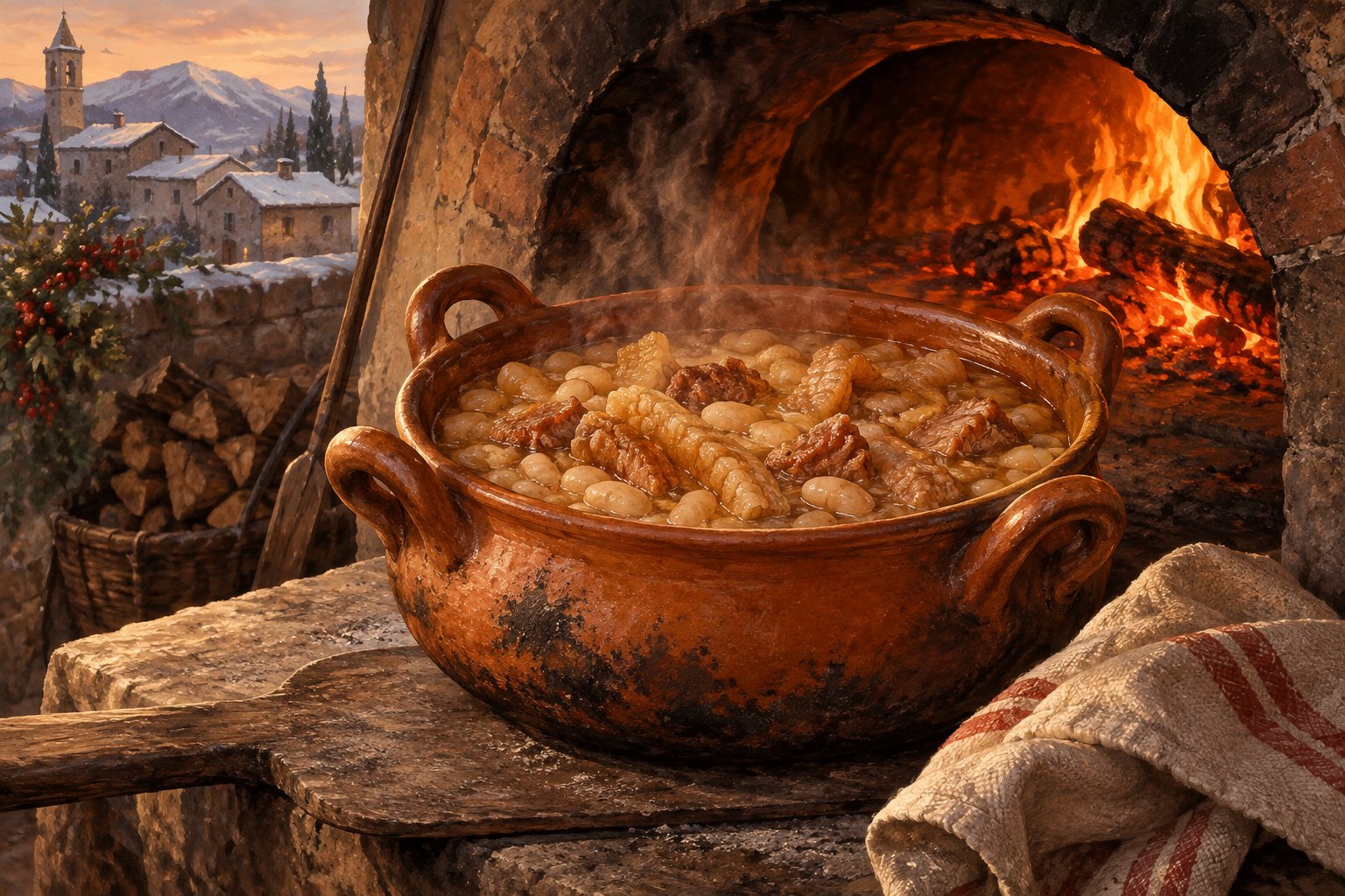 Editorial illustration of tofeja slowly cooked in a terracotta pot