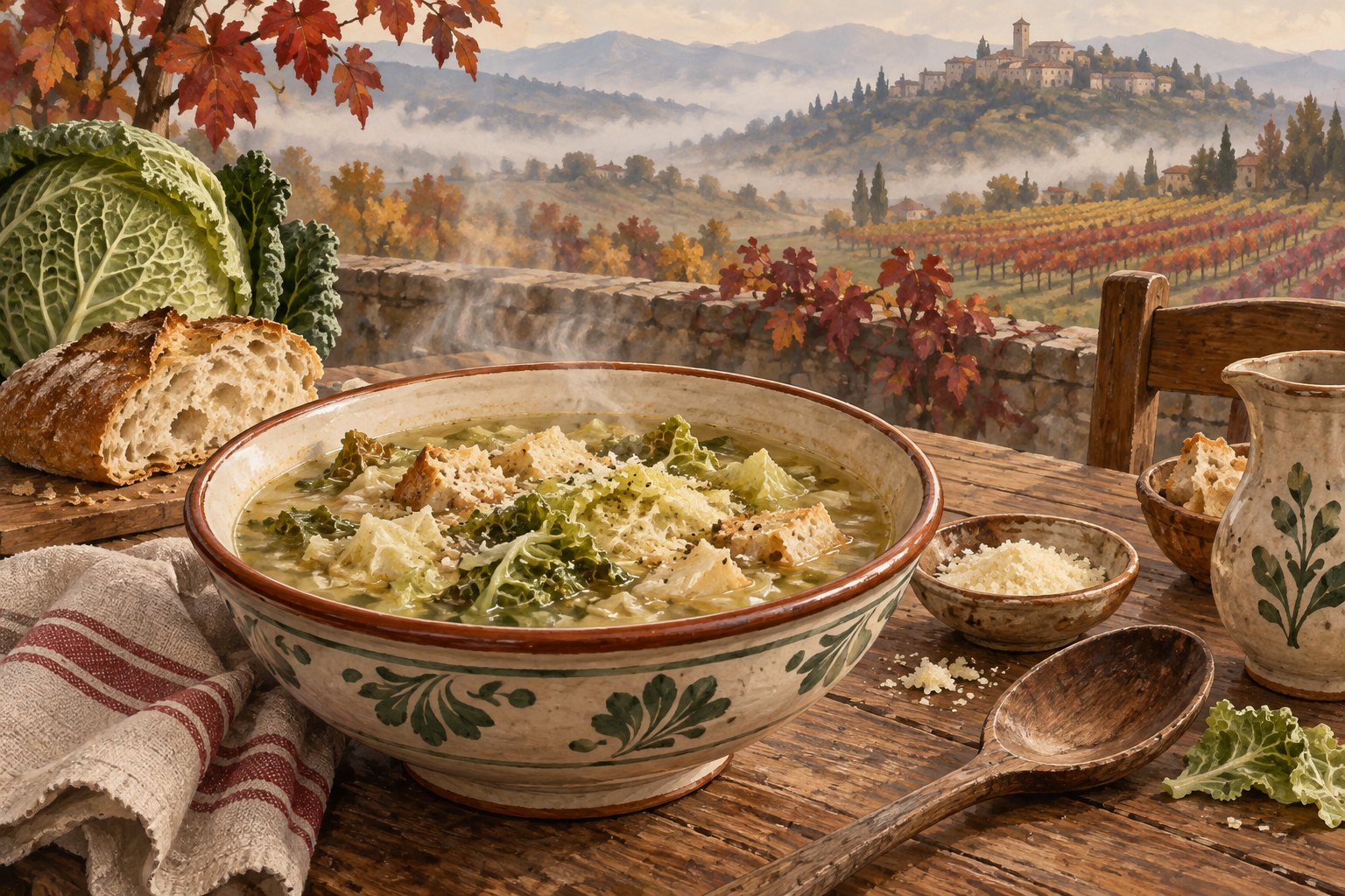 Illustrazione editoriale di zuppa alla canavesana con cavolo, pane e brodo