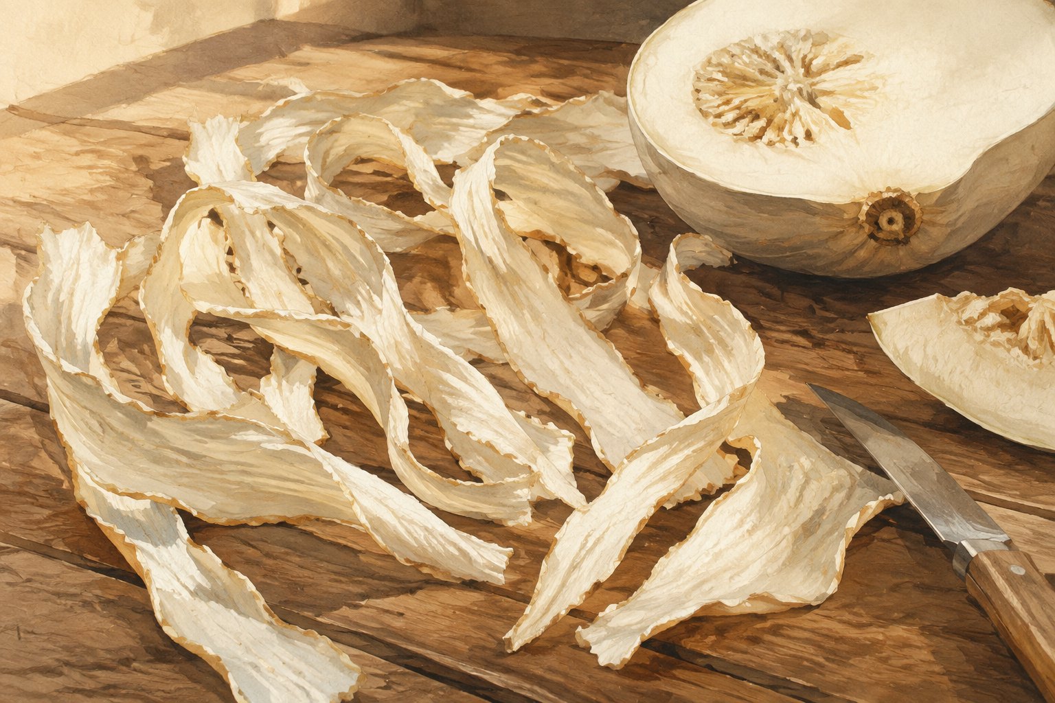 White-fleshed squash ribbons: editorial illustration inspired by corresce