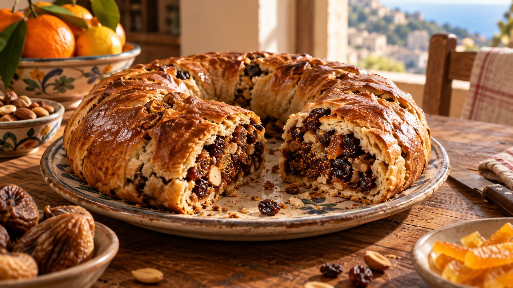 Buccellato siciliano ad anello tagliato per mostrare il ripieno di fichi, uvetta, agrumi e frutta secca