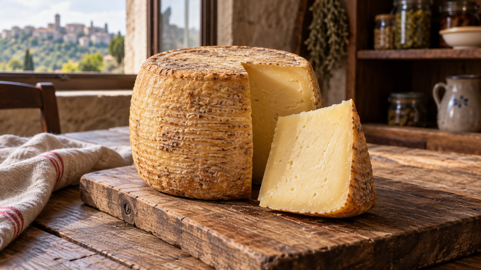 Caciobarile stagionato su un tavolo di legno, con una fetta che mostra la pasta paglierina