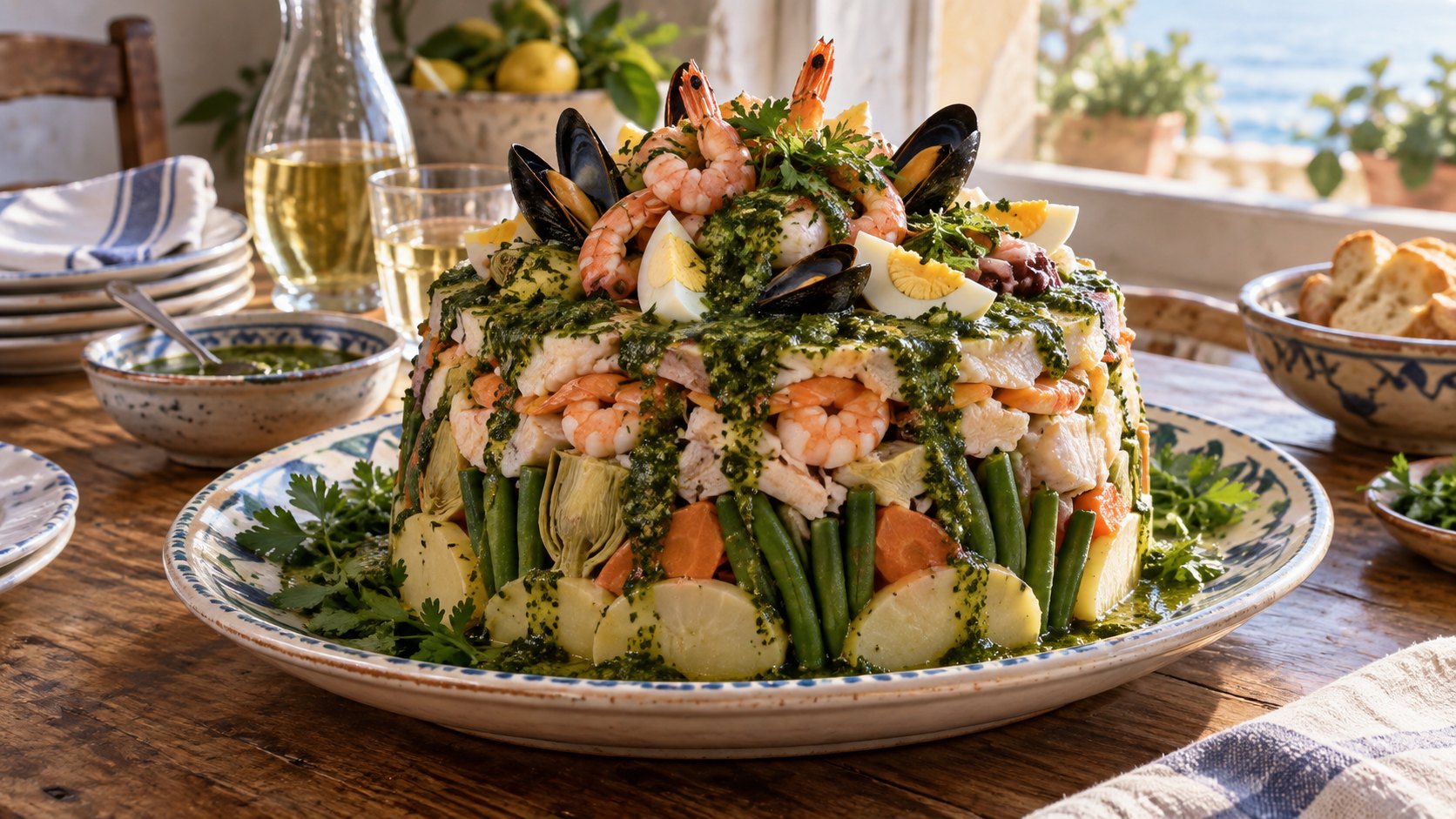 Cappon magro disposto a strati con pesce, frutti di mare, verdure e salsa verde