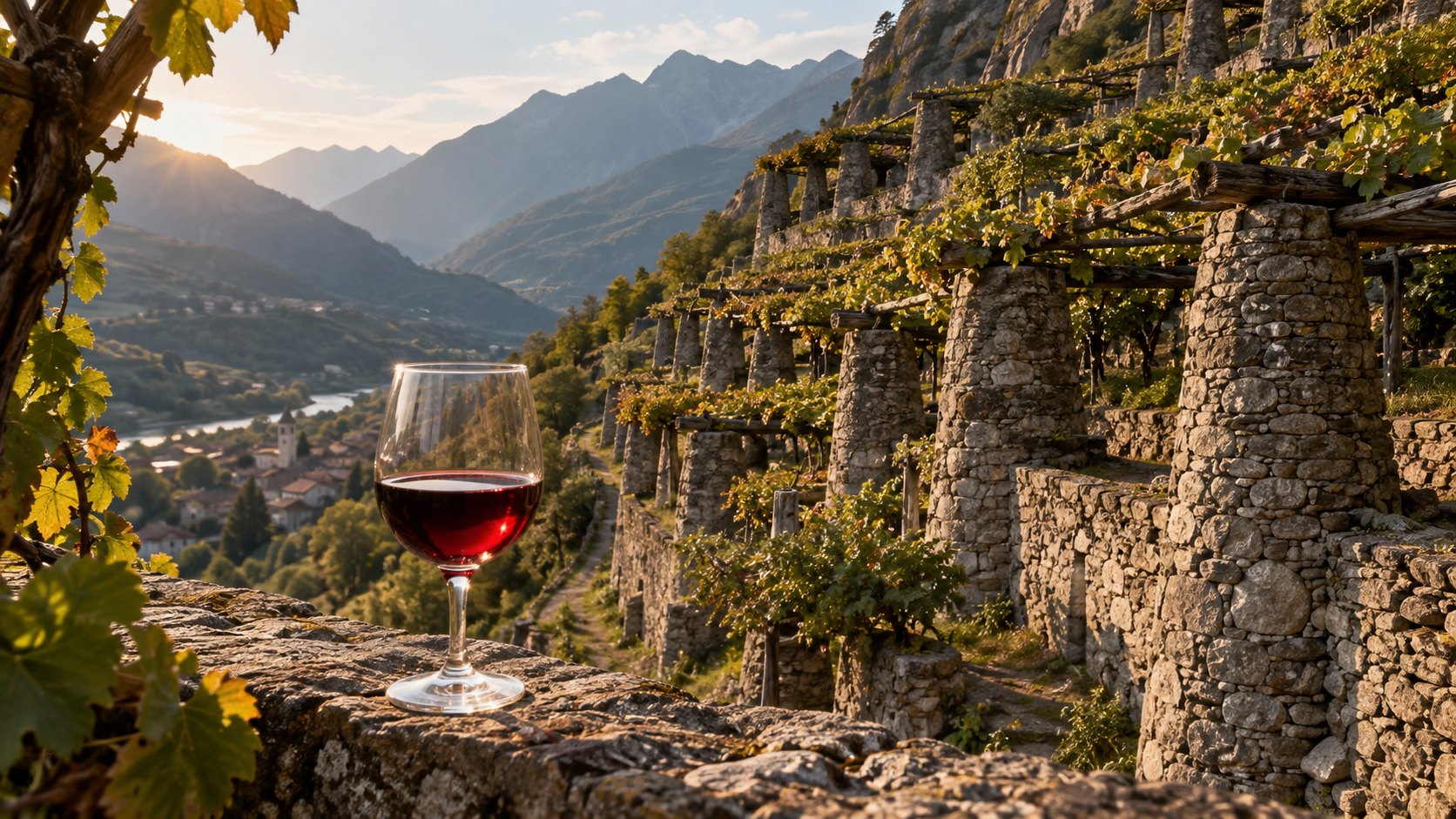 A glass of Carema before terraced vineyards supported by stone pilun
