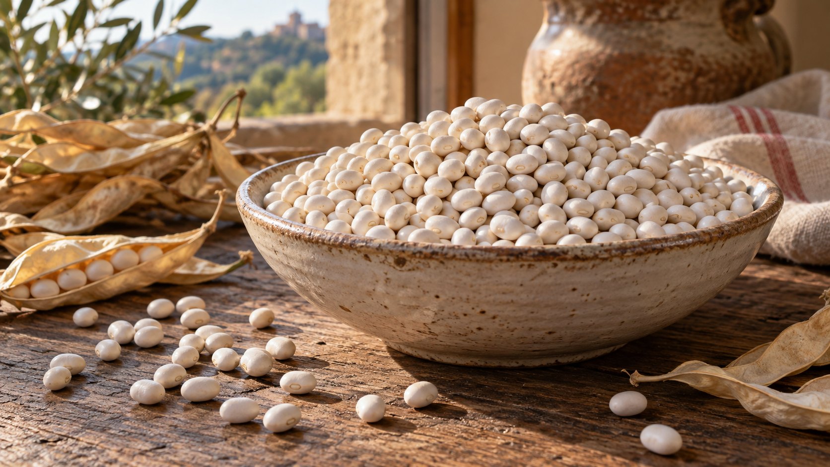 Small white Controne beans in a ceramic bowl with a few dried pods