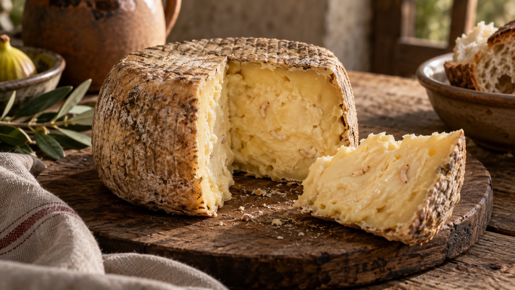 Forma rustica di Formaggio coi vermi aperta sulla pasta morbida giallastra con poche larve visibili