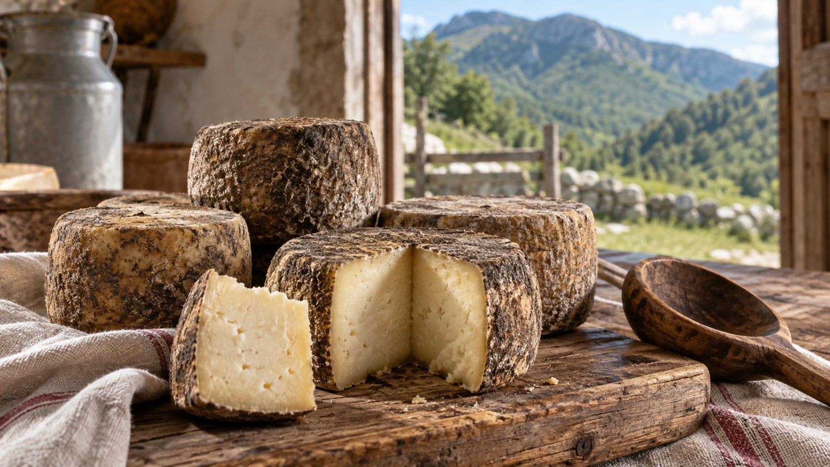 Small wheels of hard mixed-milk cheese in a dairy overlooking the Campanian mountains