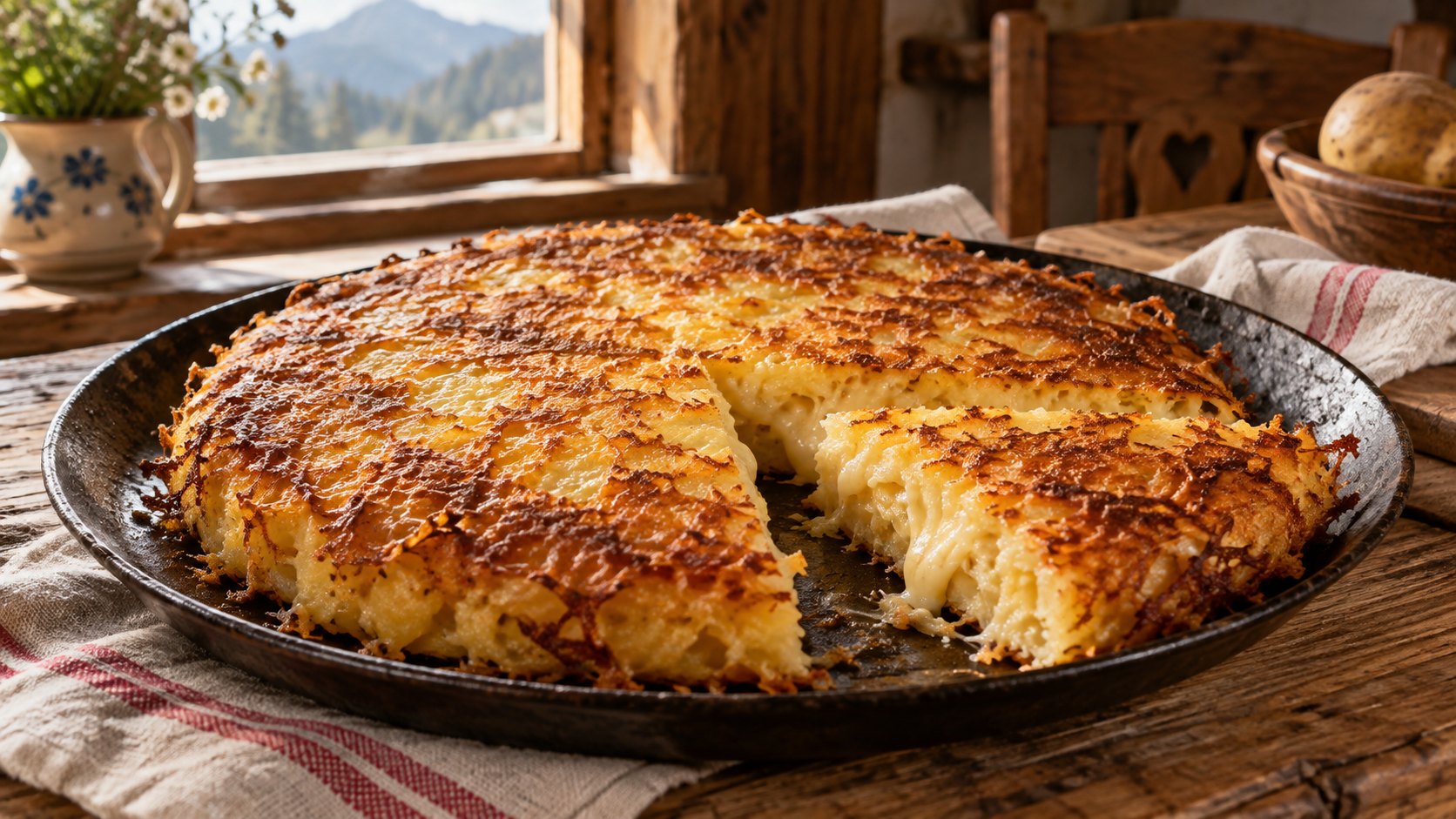 Golden pan-cooked Frico with a cut wedge showing its cheese and potato interior