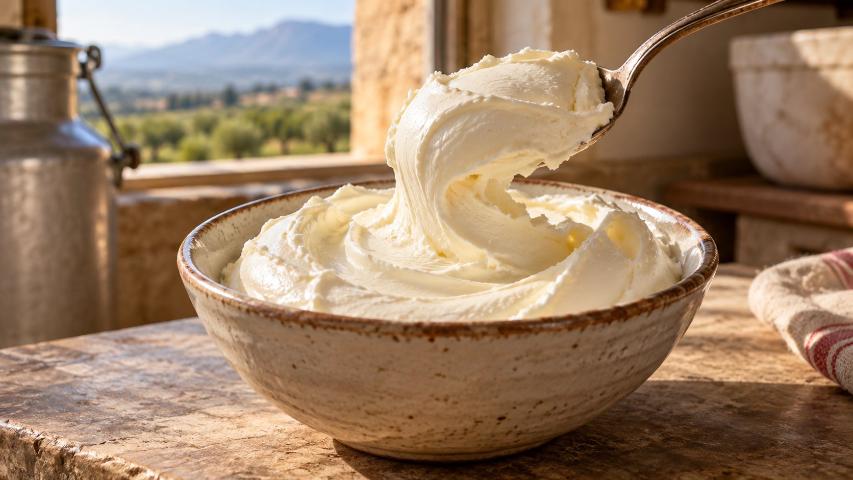 Mascarpone di bufala bianco e denso sollevato da un cucchiaio in una ciotola di ceramica