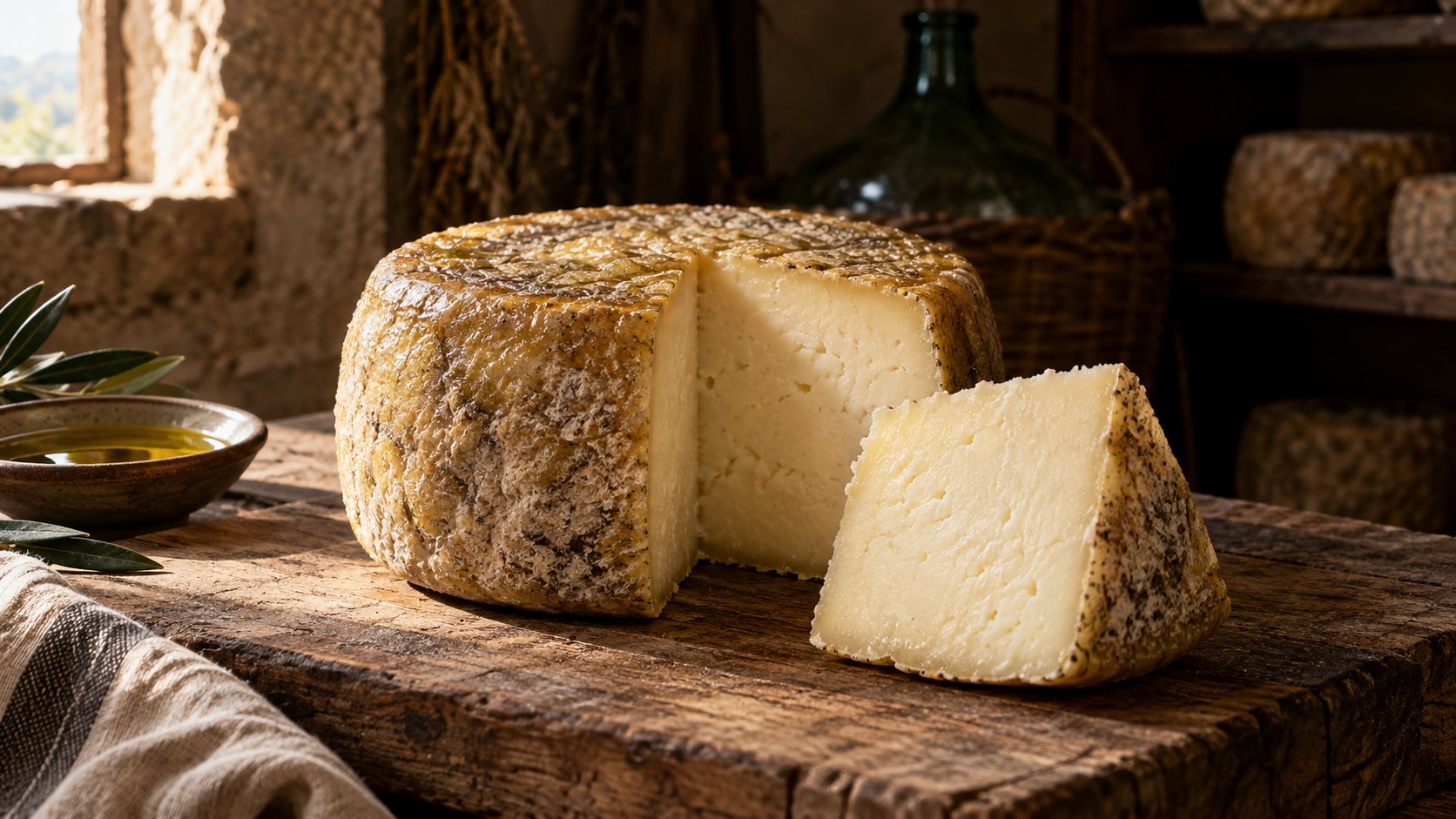 Cut Pecorino di Pietraroja beside olive oil and a demijohn in a pantry