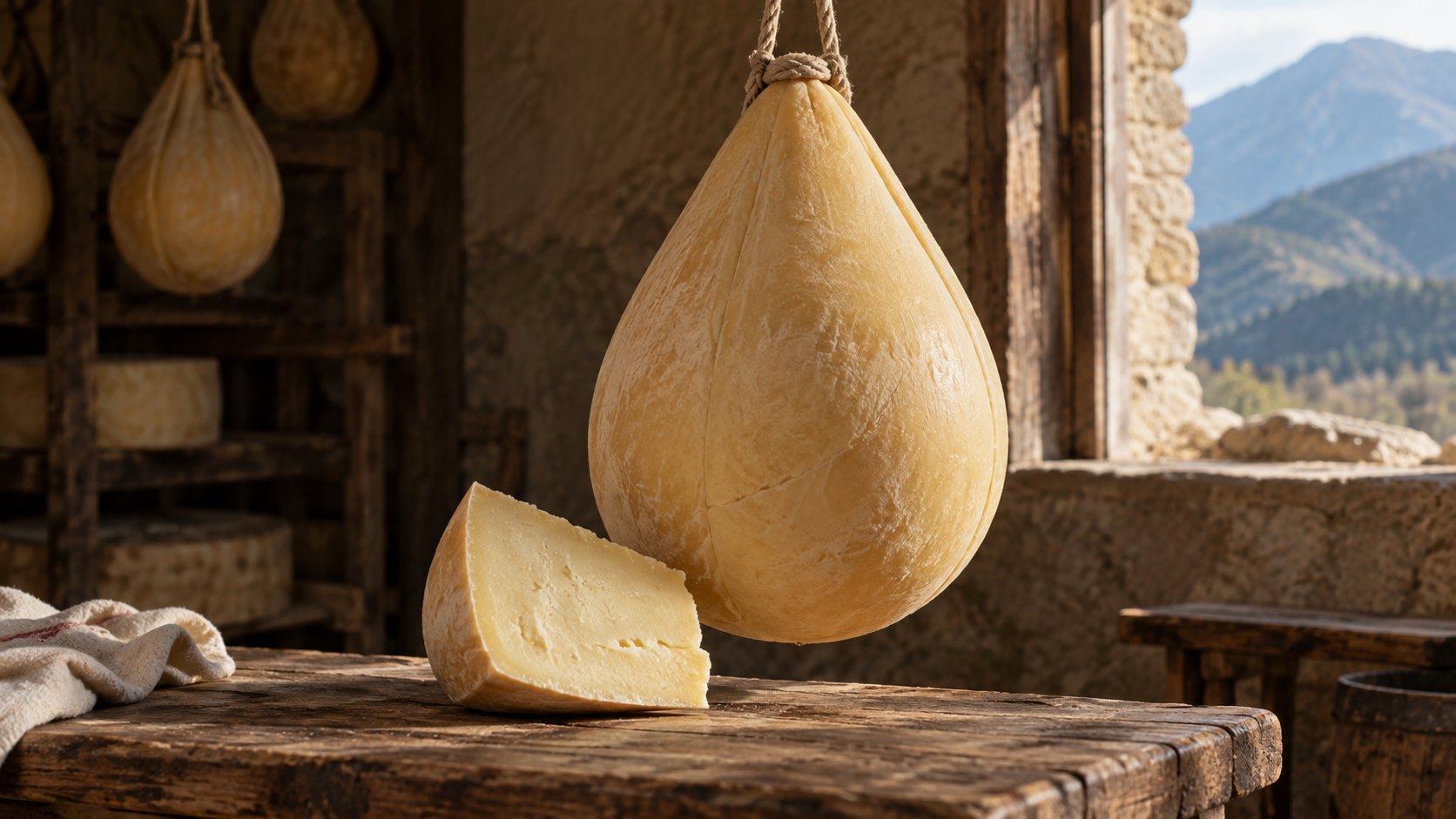 Grande provolone del Matese sospeso nella casera, con una fetta sul tavolo