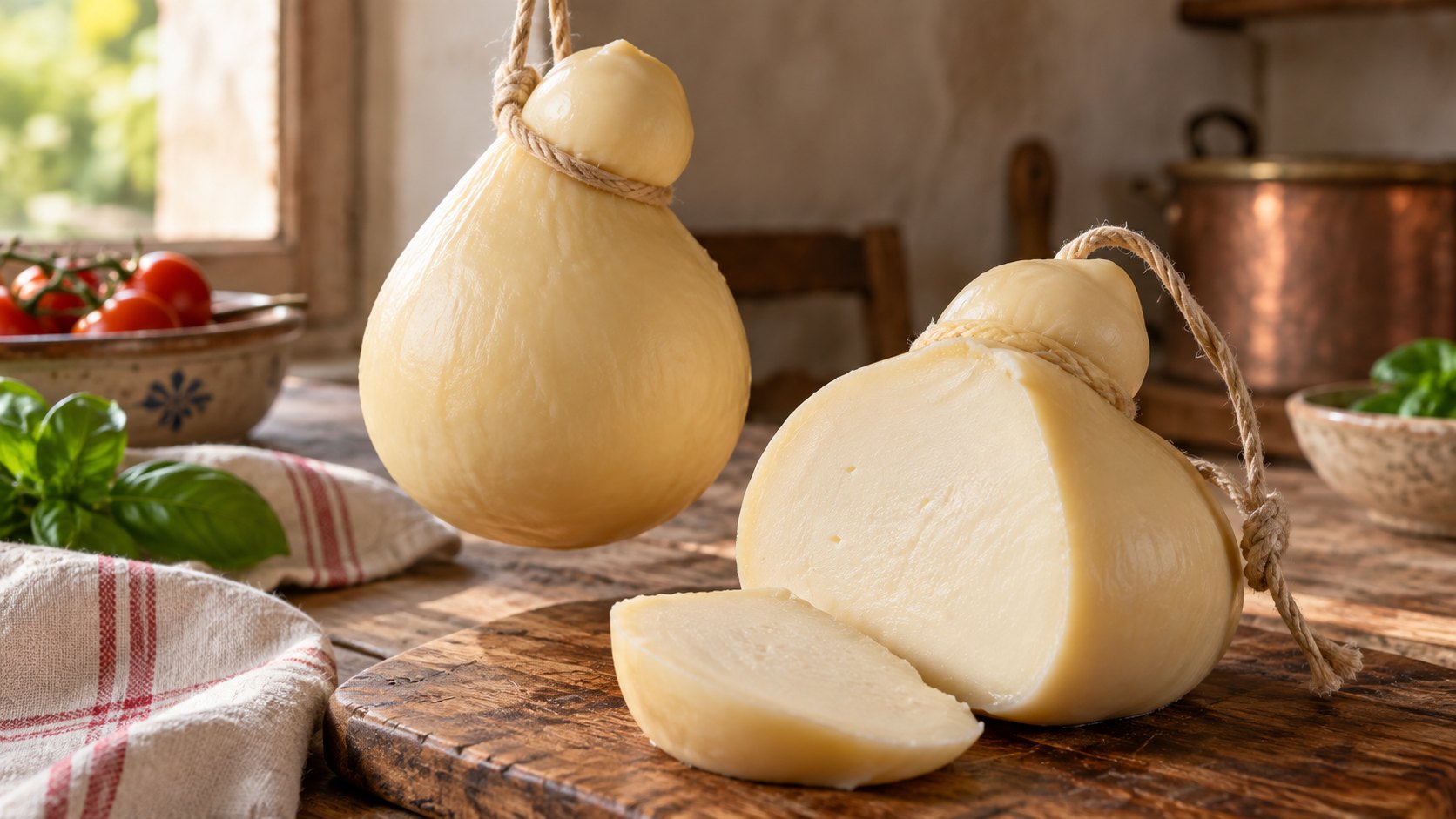 Scamorze chiare a forma di pera legate con spago, una aperta sulla pasta compatta