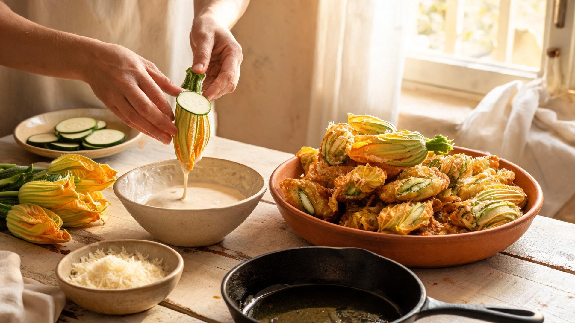 Editorial illustration of Frittelle di fiori di zucca, Sciuriddi