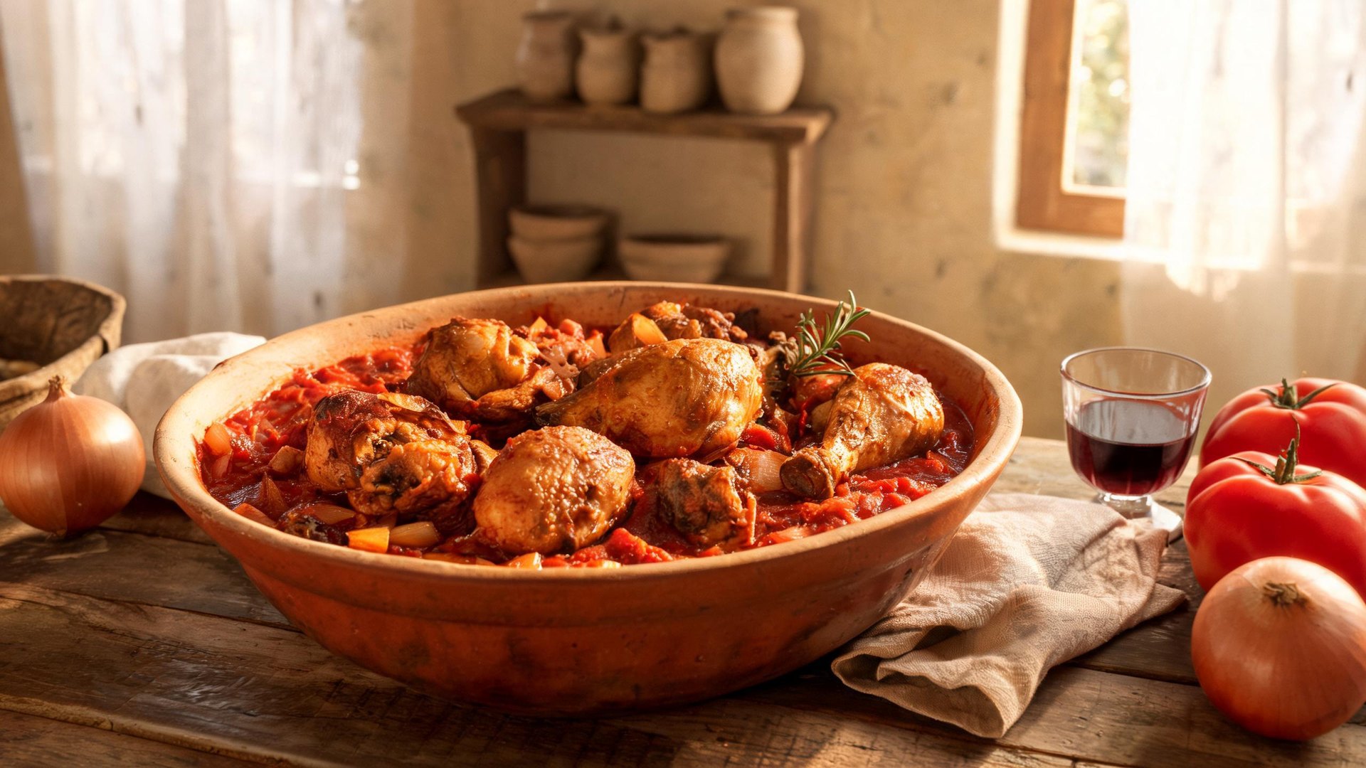 Editorial illustration of Pollo alla cacciatora, Pol ala cazadôra