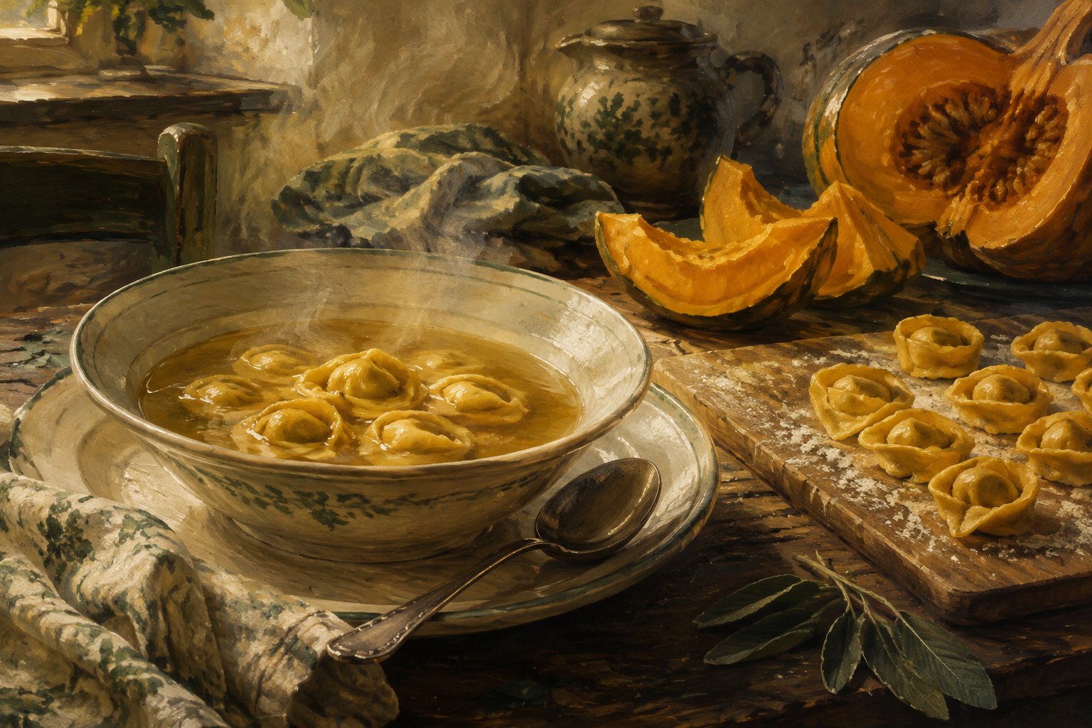 Editorial illustration of filled pasta in broth with pumpkin on a Lombard table