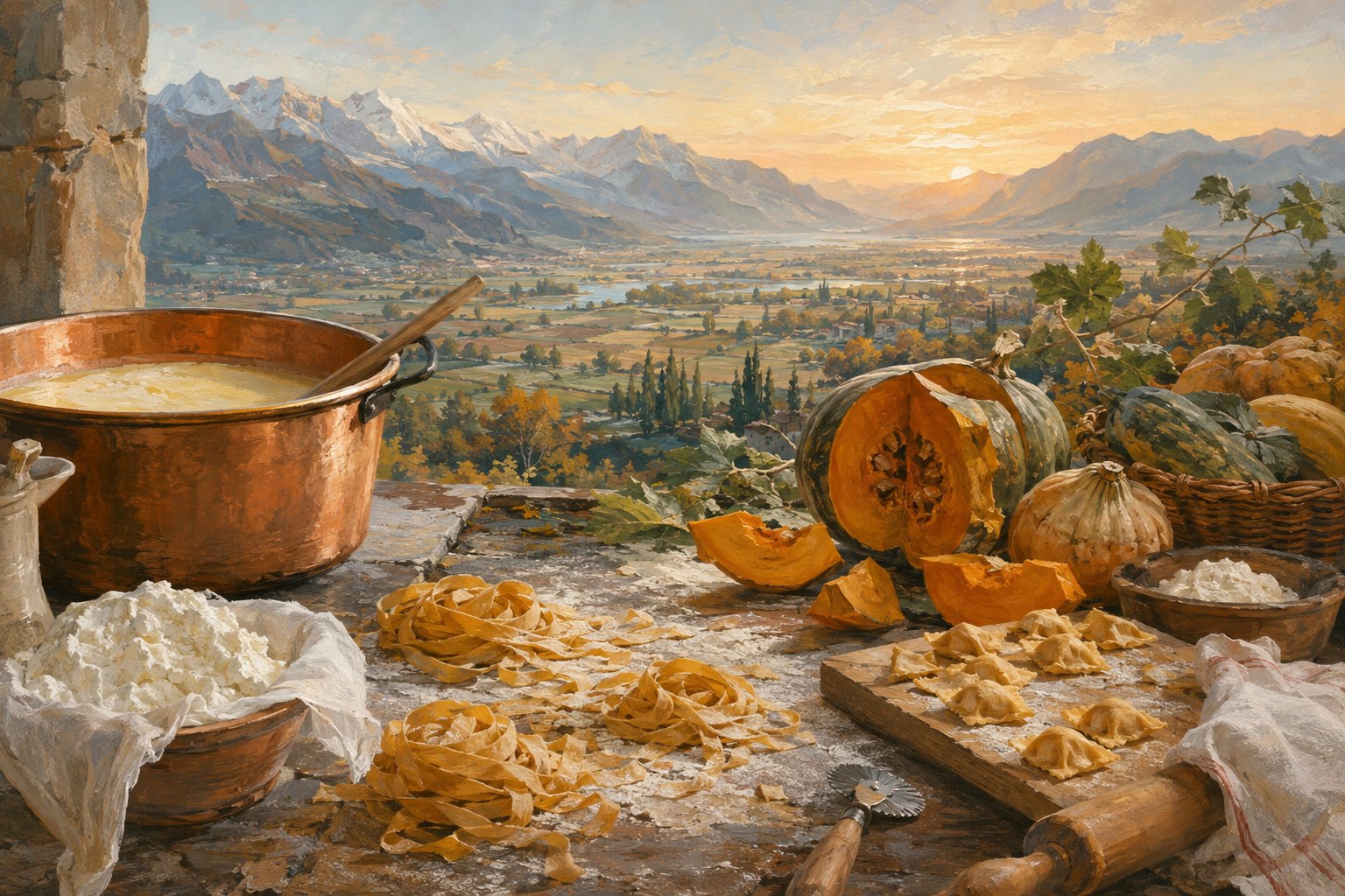 Editorial illustration of Lombardy with an Alpine valley, fresh pasta, copper and pumpkin