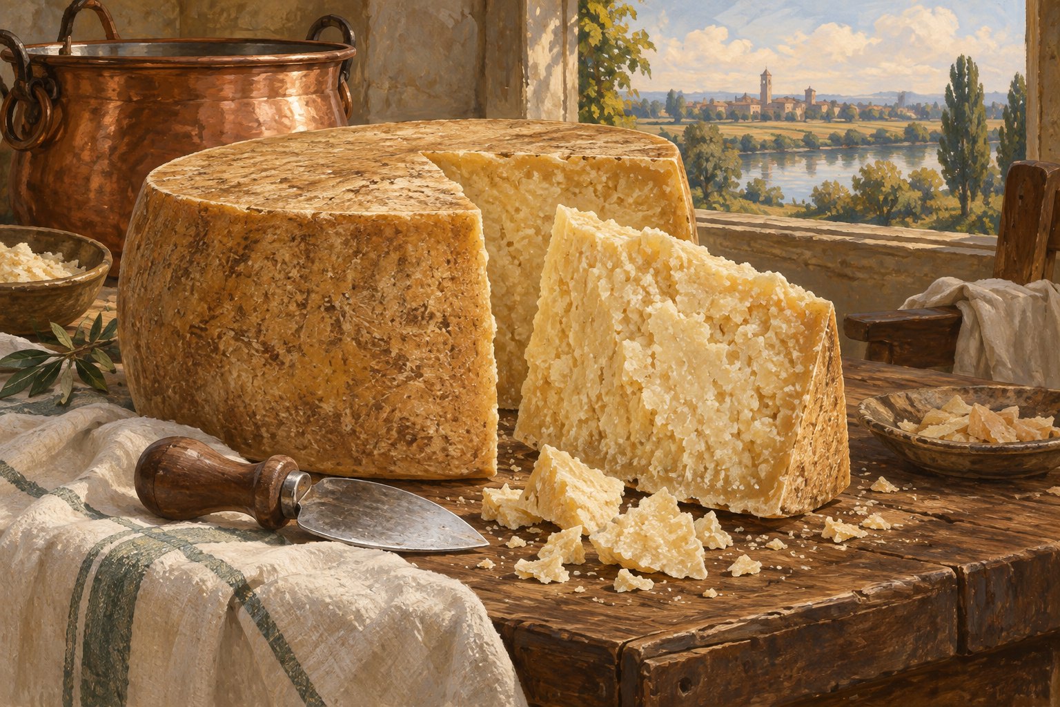 Editorial illustration of an aged Granone lodigiano wheel opened to show its crumbly paste