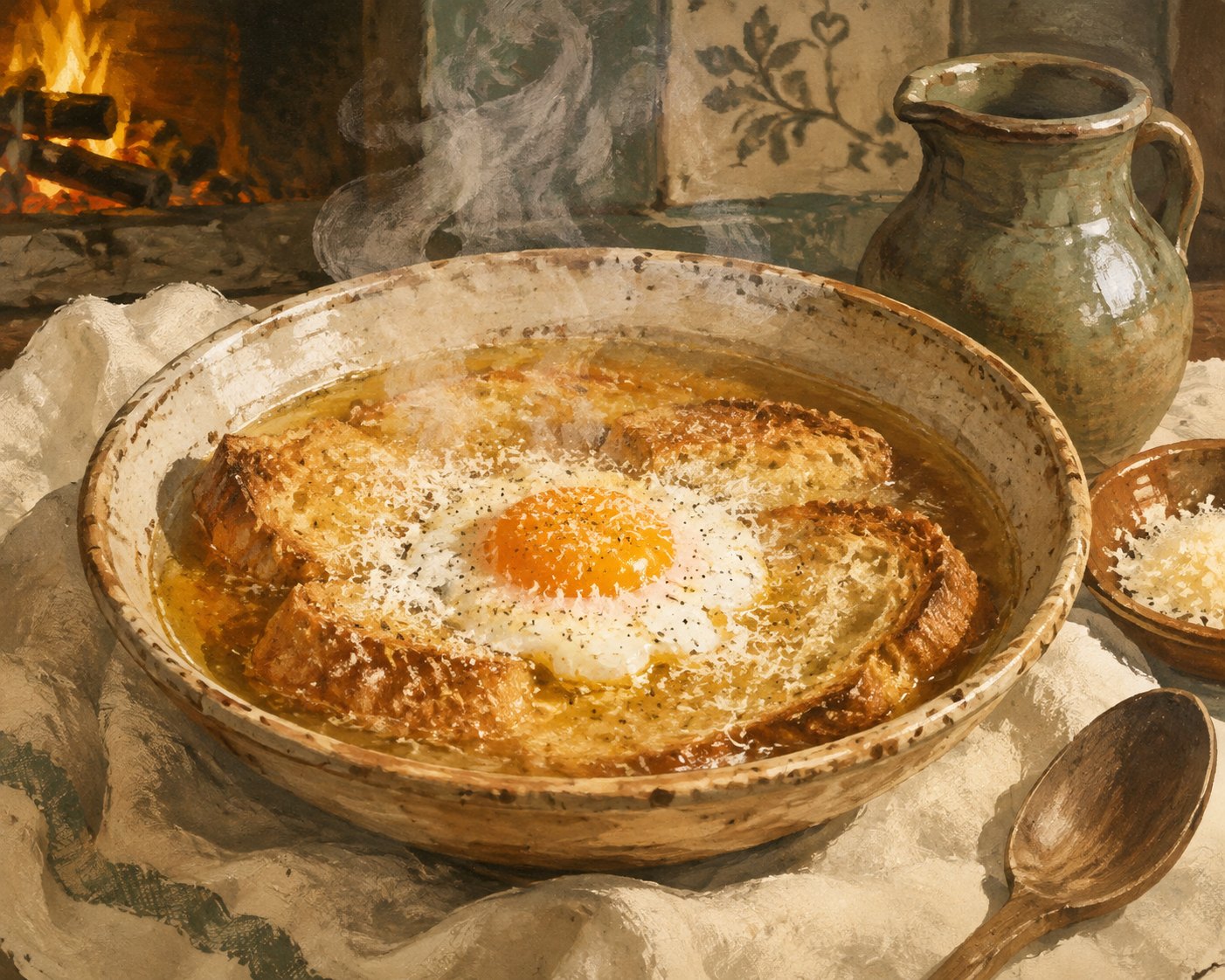 Editorial illustration of zuppa alla pavese with toasted bread, broth and egg