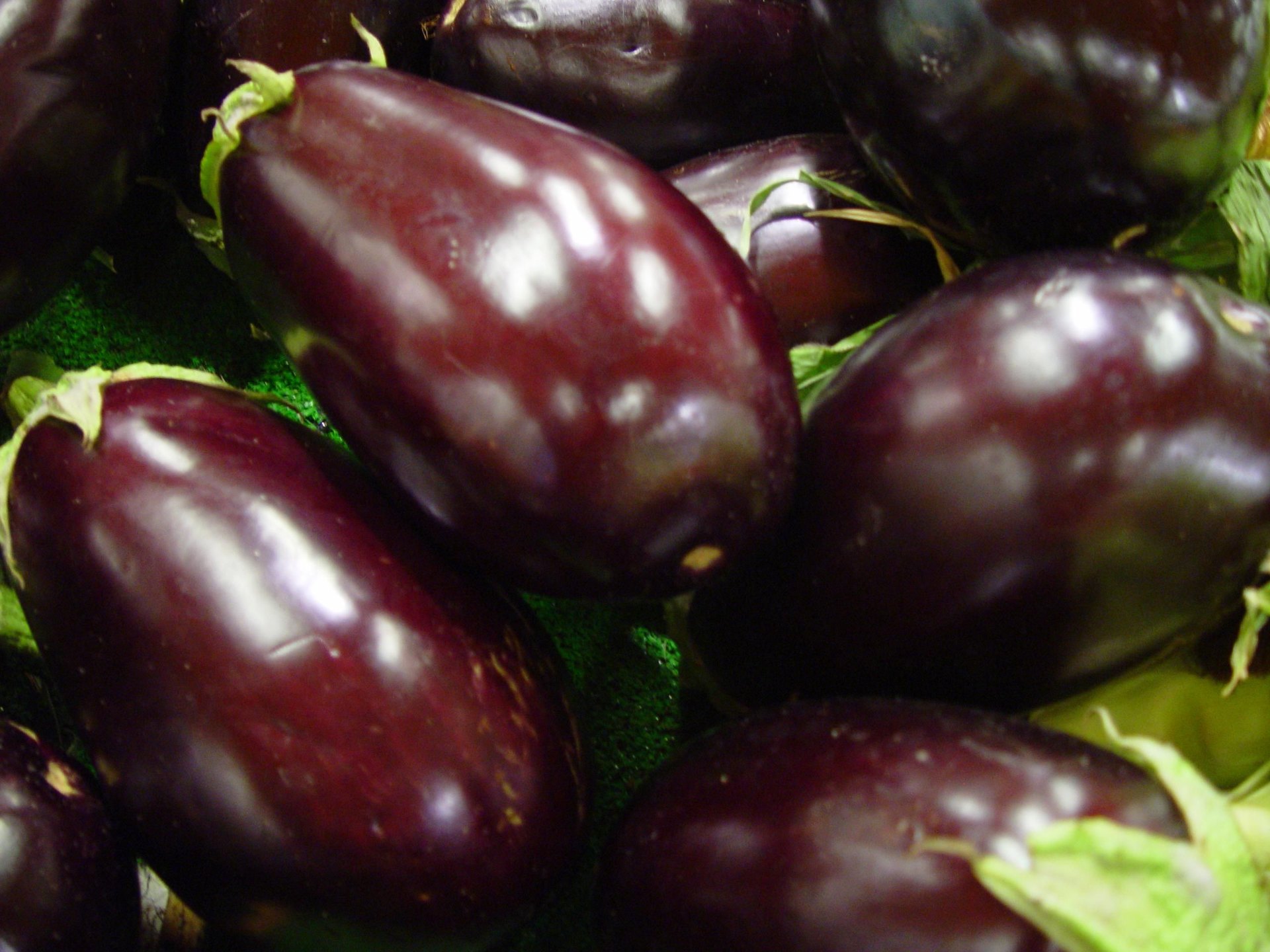 Close-up of purple aubergines with green calyxes