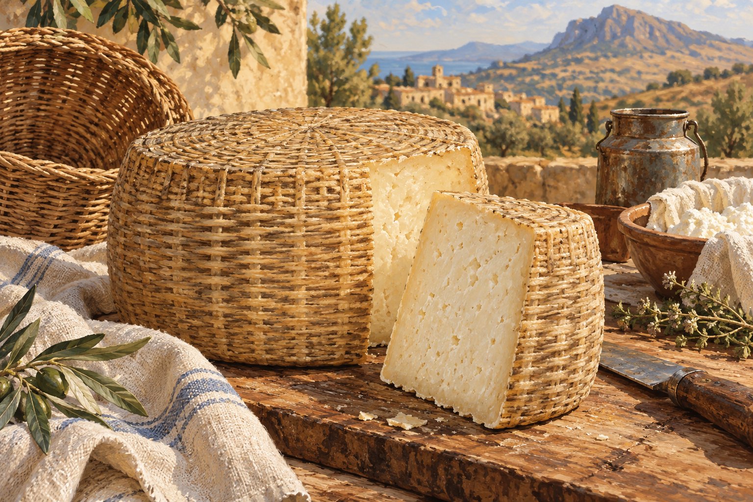 Editorial illustration of a Sicilian Canestrato wheel with its basket pattern and an open wedge