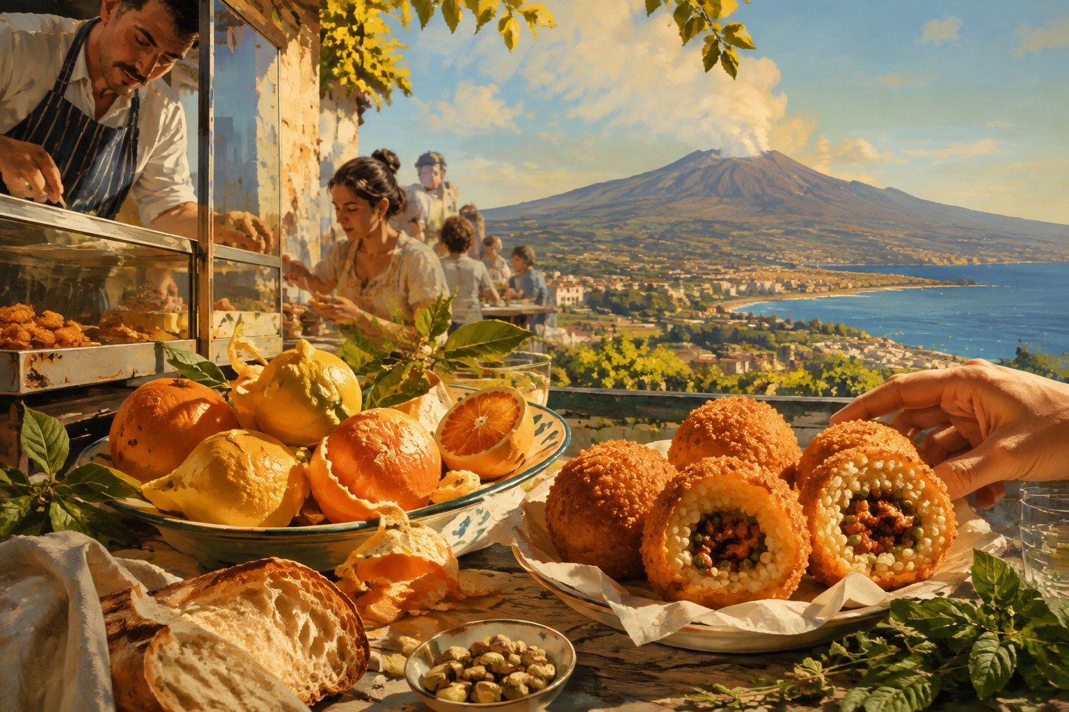 Editorial illustration of Sicily with citrus, a table, the sea and a volcanic landscape