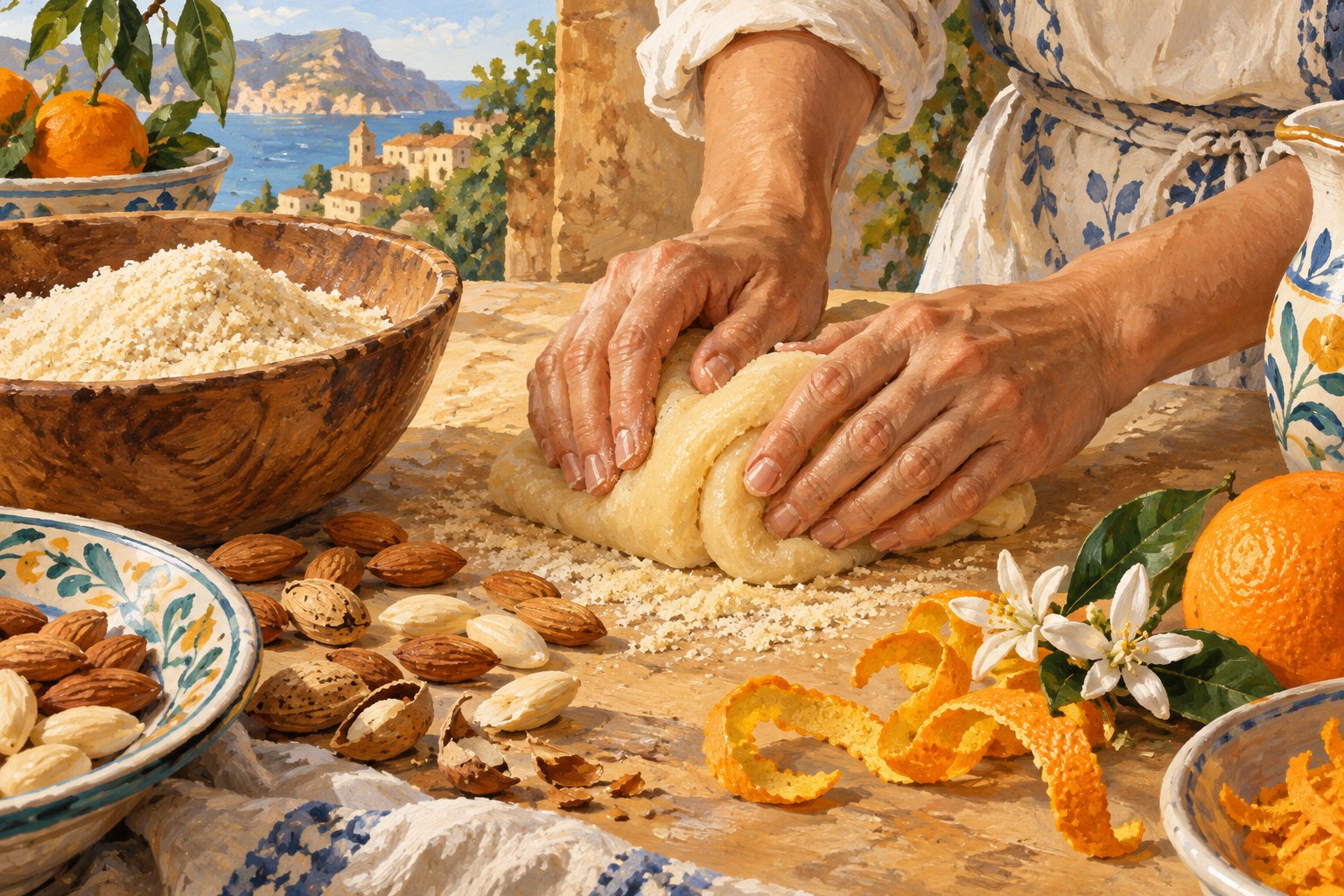 Illustrazione editoriale della pasta di mandorle lavorata a mano con mandorle e scorza d’arancia