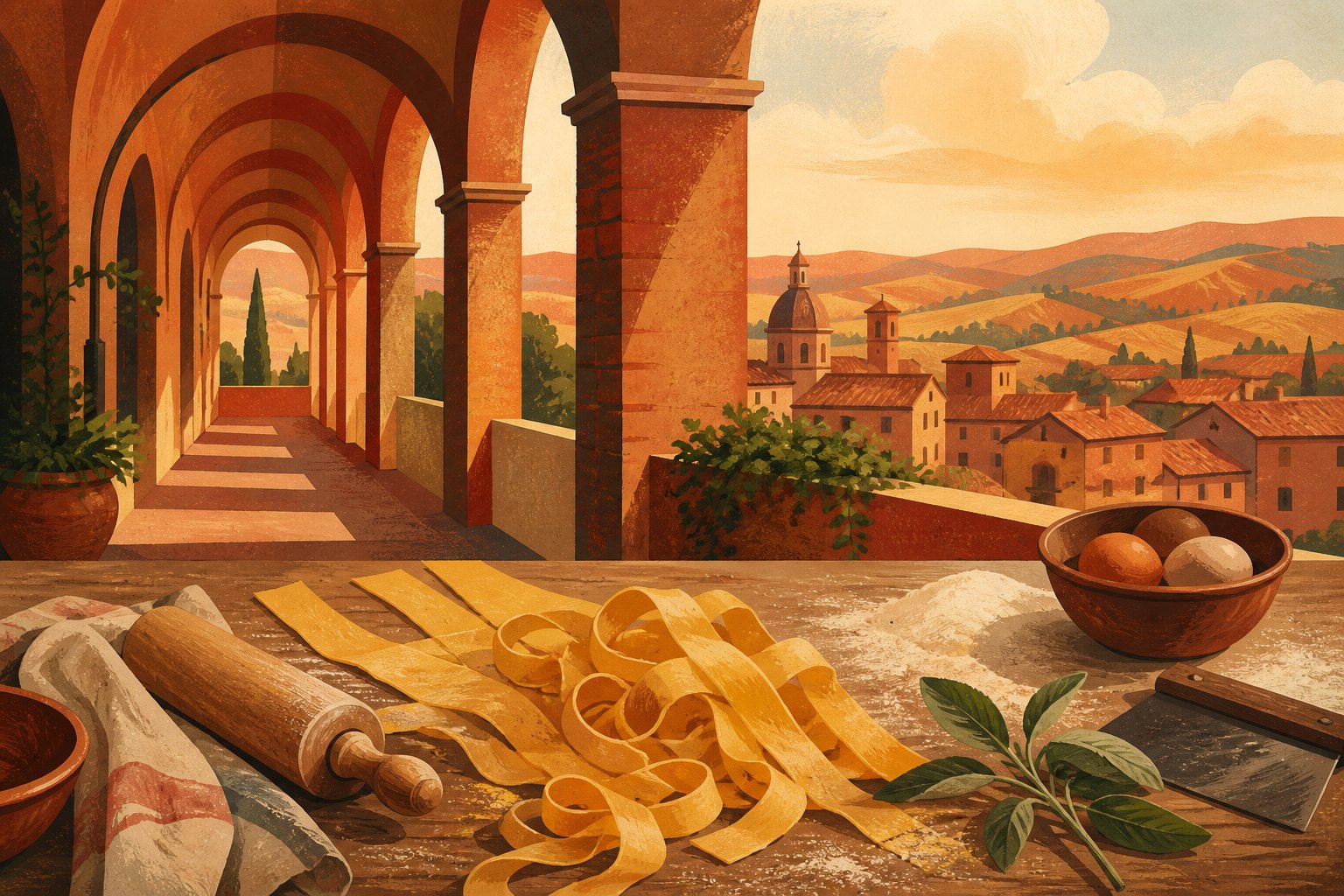 Illustrazione editoriale di portici, pasta fresca e colline bolognesi