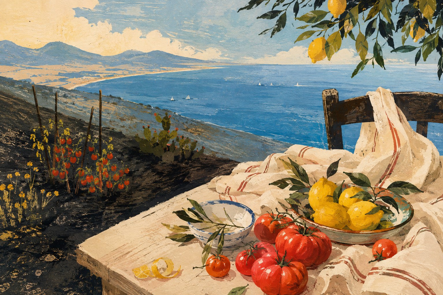 Editorial illustration of Campania between volcanic soil, the table and the sea