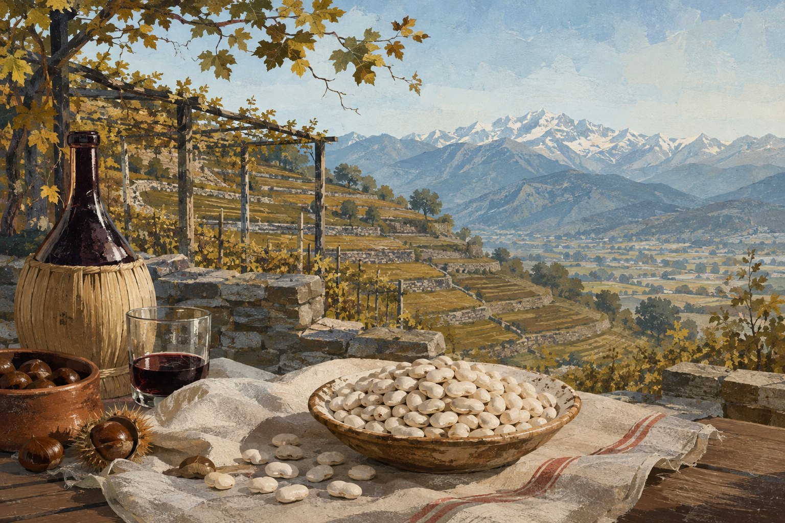 Illustrazione editoriale di terrazze vitate, fagioli chiari e orizzonte alpino nel Canavese