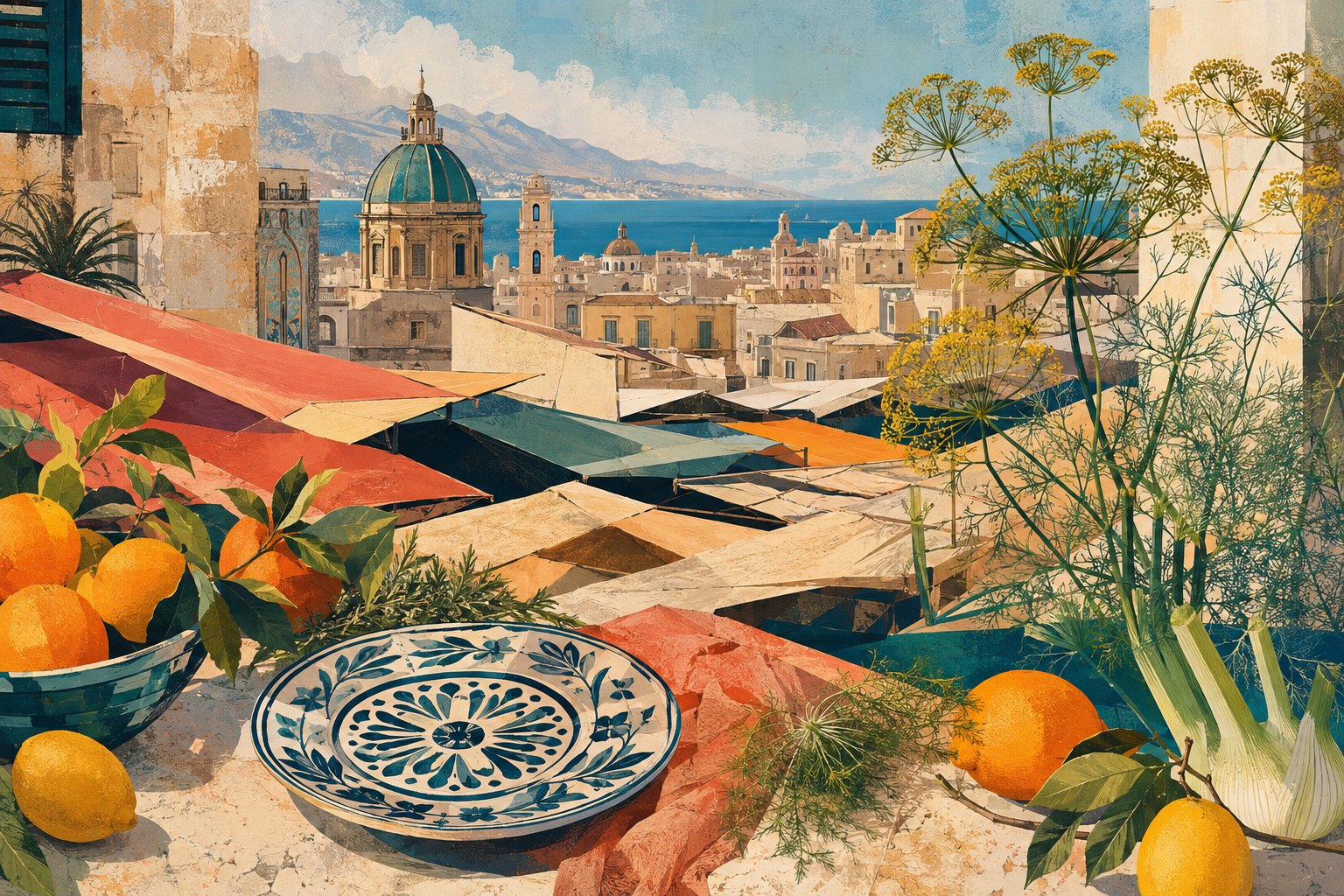 Illustrazione editoriale di Palermo fra tende di mercato, agrumi, finocchio e mare